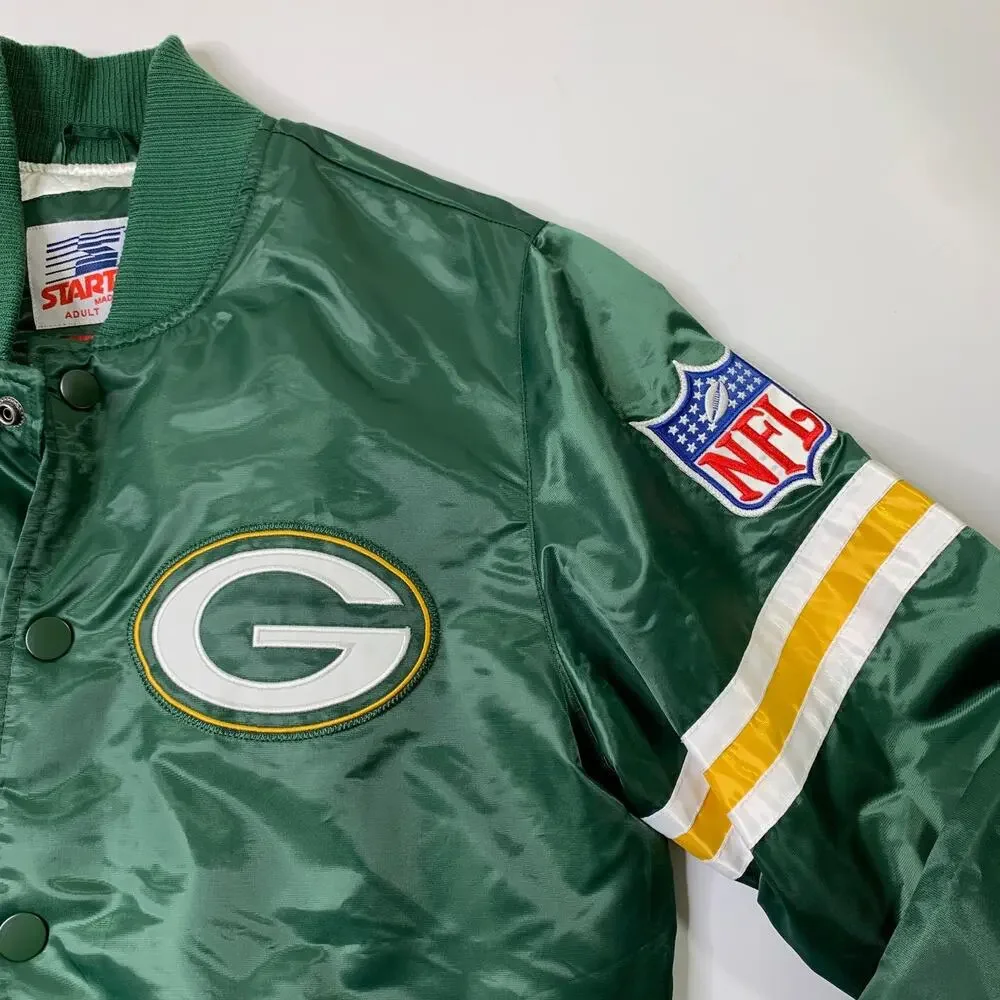 Green Bay Packers Jacket Mens S Satin Varsity Snap Bomber Starter Homage Retro